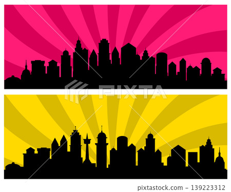 Cityscape silhouettes with colorful radial backgrounds representing Cityscape silhouettes with colorful radial backgrounds representing 139223312