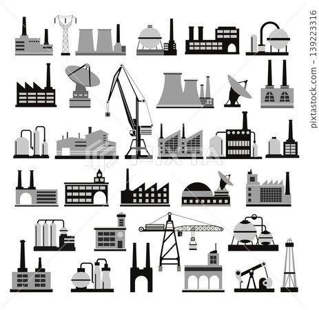 Industrial buildings and manufacturing plants icons representing modern industry Industrial buildings and manufacturing plants icons representing modern industry 139223316