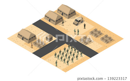 Military base in desert with soldiers training and supplies isometric view Military base in desert with soldiers training and supplies isometric view 139223317