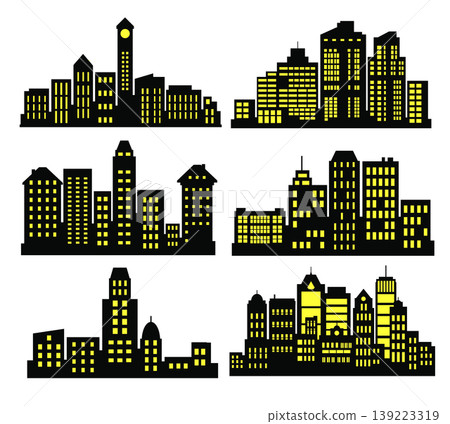 City skylines at night showing illuminated buildings 139223319