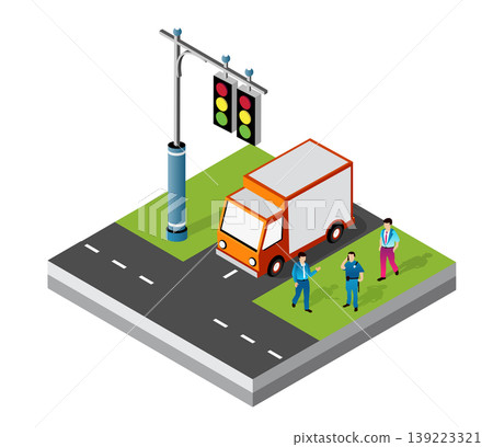 Delivery truck driver talking with police officer near traffic light isometric illustration 139223321