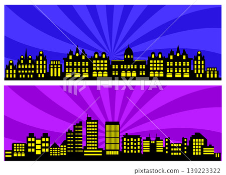 Cityscape silhouettes with colorful radial backgrounds representing 139223322