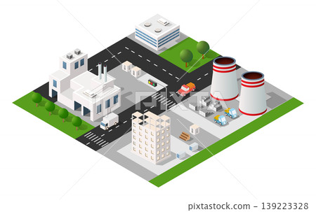 Industrial zone with factories and office buildings generating air pollution Industrial zone with factories and office buildings generating air pollution 139223328