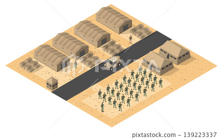 Military base in desert with soldiers and supplies isometric view Military base in desert with soldiers and supplies isometric view 139223337