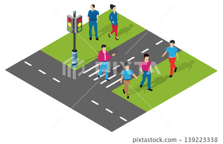 People crossing the street at a crosswalk with traffic light isometric illustration 139223338
