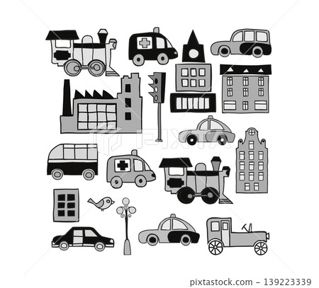 City life elements seamlessly integrating buildings and transportation in monochrome City life elements seamlessly integrating buildings and transportation in monochrome 139223339