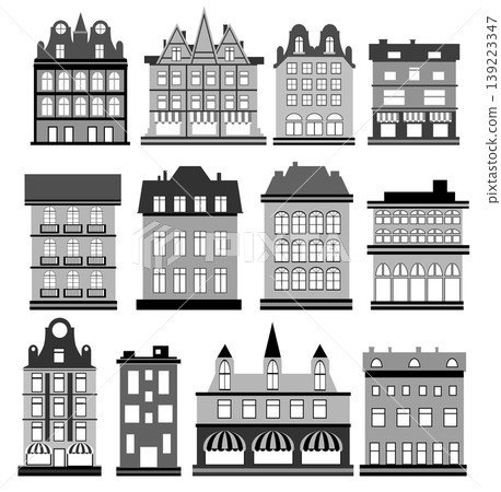 Twelve grey buildings showing urban architecture 139223347