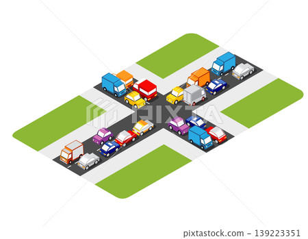 Colorful cars and trucks congesting at crossroads in isometric view Colorful cars and trucks congesting at crossroads in isometric view 139223351