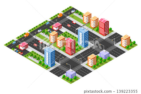 Colorful isometric city center with skyscrapers and traffic 139223355