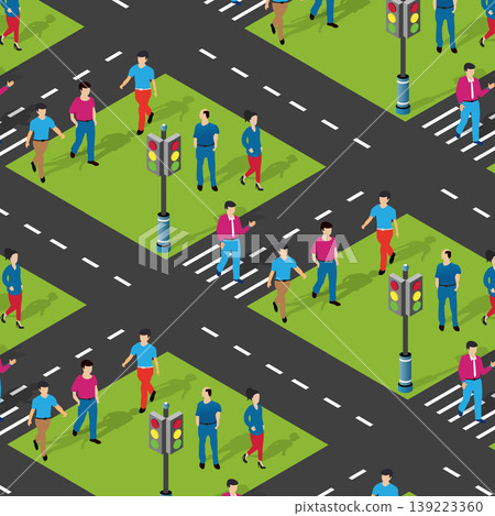 People crossing the street at intersection with traffic lights, isometric seamless pattern 139223360