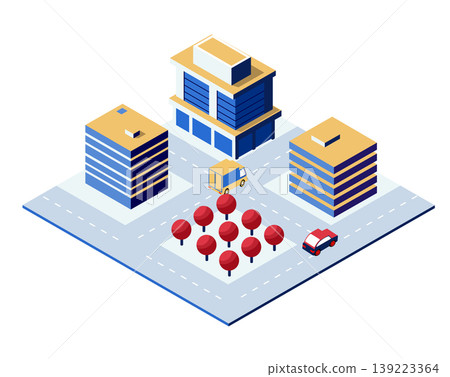 Modern isometric city with buildings, roads, cars, and trees Modern isometric city with buildings, roads, cars, and trees 139223364