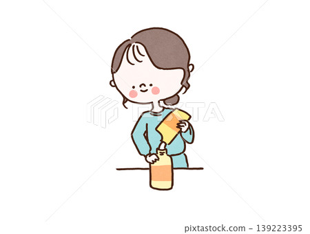 插圖描繪了一位女性將洗滌劑（或洗髮精）倒入環保瓶中（永續發展目標，家務勞動）。 139223395