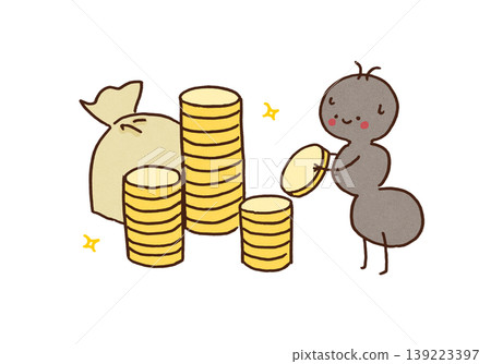 一幅螞蟻勤奮地堆積金幣(金錢)以儲蓄金錢(財富累積/努力)的插圖。 一幅螞蟻勤奮地堆積金幣(金錢)以儲蓄金錢(財富累積/努力)的插圖。 139223397