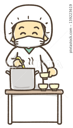 An illustration of a person wearing a school lunch apron and serving soup. An illustration of a person wearing a school lunch apron and serving soup. 139223619