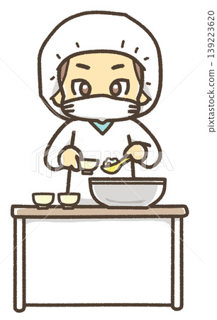 An illustration of a person wearing a school lunch apron and serving food. An illustration of a person wearing a school lunch apron and serving food. 139223620