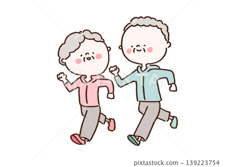 An illustration of an elderly couple jogging together and working up a sweat, both wearing active senior sportswear. An illustration of an elderly couple jogging together and working up a sweat, both wearing active senior sportswear. 139223754