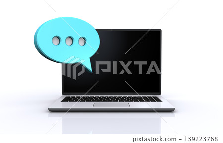 一台筆記型電腦、對話氣泡圖示和一張社群媒體對話的圖片。 一台筆記型電腦、對話氣泡圖示和一張社群媒體對話的圖片。 139223768