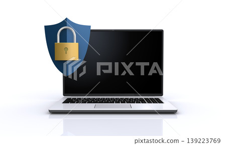 一台筆記型電腦用掛鎖和盾牌保護起來:這是保護機密資訊的安全象徵。 一台筆記型電腦用掛鎖和盾牌保護起來:這是保護機密資訊的安全象徵。 139223769
