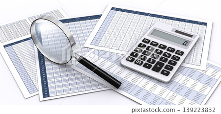 A calculator, documents, and a magnifying glass – an image of verifying business data. A calculator, documents, and a magnifying glass – an image of verifying business data. 139223832