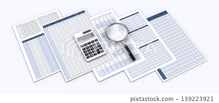 Business documents, calculator, and magnifying glass: an image of verifying business performance and data analysis. Business documents, calculator, and magnifying glass: an image of verifying business performance and data analysis. 139223921