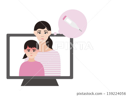 向量圖描繪了一個發燒的女孩正在接受母親(在電腦上)的線上醫療諮詢。 向量圖描繪了一個發燒的女孩正在接受母親(在電腦上)的線上醫療諮詢。 139224056