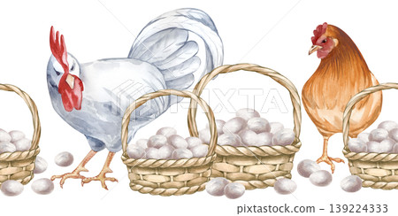 Seamless horizontal border with a white rooster, brown hen and wicker baskets filled with white chicken eggs. Watercolor illustration in natural colors on an isolated background. A realistic template Seamless horizontal border with a white rooster, brown hen and wicker baskets filled with white chicken eggs. Watercolor illustration in natural colors on an isolated background. A realistic template 139224333