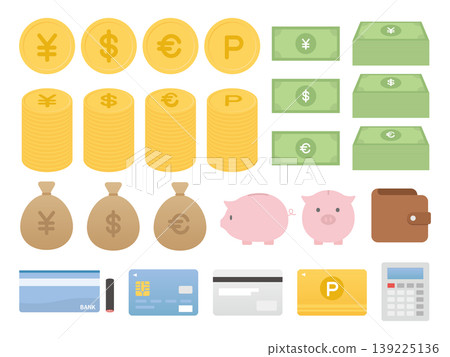 Money icon set, vector graphics (currency, savings, cashless, payment, transparent background, flat, business) Money icon set, vector graphics (currency, savings, cashless, payment, transparent background, flat, business) 139225136