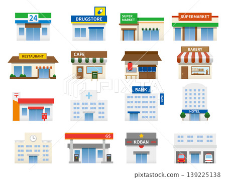 Icon set of shops and buildings, vector graphics (shops, facilities, maps, streetscapes, transparent background, flat design) 139225138