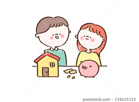 An illustration of a couple discussing their home financing plans in front of a model house and a piggy bank (mortgage, savings). An illustration of a couple discussing their home financing plans in front of a model house and a piggy bank (mortgage, savings). 139225153