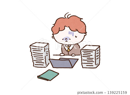 插圖描繪了一位因過度勞累而面容憔悴的男子,他坐在電腦前,面前堆著一大堆文件(加班,壓力)。 插圖描繪了一位因過度勞累而面容憔悴的男子,他坐在電腦前,面前堆著一大堆文件(加班,壓力)。 139225159