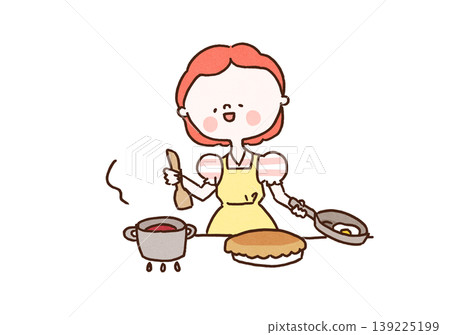 An illustration of a housewife in a retro apron cooking multiple dishes simultaneously (Traditional wife, time-saving housework). An illustration of a housewife in a retro apron cooking multiple dishes simultaneously (Traditional wife, time-saving housework). 139225199
