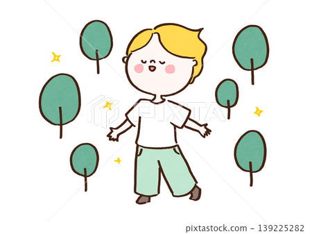 一幅插圖描繪了一名男子在樹林中深呼吸，透過森林浴（有益於心理健康，緩解壓力）來放鬆身心。 139225282