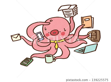 An illustration of an octopus using its eight legs to simultaneously perform various tasks such as using a computer and smartphone (multitasking, labor shortage). An illustration of an octopus using its eight legs to simultaneously perform various tasks such as using a computer and smartphone (multitasking, labor shortage). 139225575