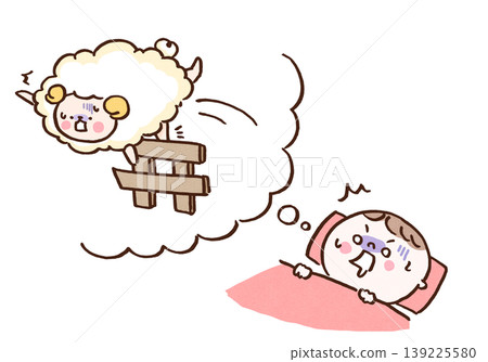 一幅插圖描繪了一個人夢見一隻羊絆倒在柵欄上,然後突然醒來(失眠/半夜醒來)。 一幅插圖描繪了一個人夢見一隻羊絆倒在柵欄上,然後突然醒來(失眠/半夜醒來)。 139225580
