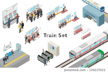 Isometric illustration: Station and train set Isometric illustration: Station and train set 139225922