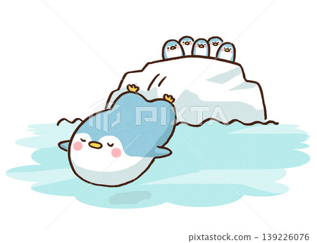 An illustration of the first penguin bravely leaping from an iceberg into the sea (representing challenge and pioneering spirit). 139226076