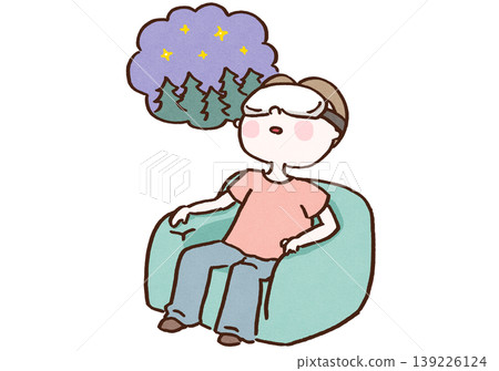 An illustration of a man relaxing while immersed in virtual reality images of a beautiful starry sky and forest, wearing VR goggles. An illustration of a man relaxing while immersed in virtual reality images of a beautiful starry sky and forest, wearing VR goggles. 139226124