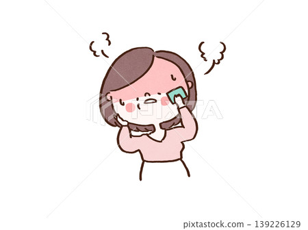 An illustration of a middle-aged woman suffering from sudden hot flashes and sweating (menopausal symptoms). An illustration of a middle-aged woman suffering from sudden hot flashes and sweating (menopausal symptoms). 139226129