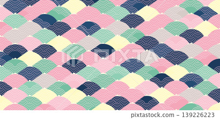 Pastel-colored wave pattern background featuring traditional Japanese seigaiha (wave) design. Pastel-colored wave pattern background featuring traditional Japanese seigaiha (wave) design. 139226223