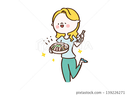 一位身材苗條的女性正在吃一份高蛋白的雞肉煮雞蛋沙拉(飲食/健康飲食習慣)。 一位身材苗條的女性正在吃一份高蛋白的雞肉煮雞蛋沙拉(飲食/健康飲食習慣)。 139226271