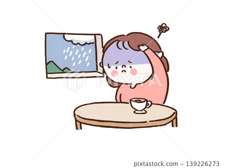插圖描繪了一位女性因雨天低氣壓而頭痛和疲勞(與天氣相關的疾病)(健康/醫療)。 插圖描繪了一位女性因雨天低氣壓而頭痛和疲勞(與天氣相關的疾病)(健康/醫療)。 139226273