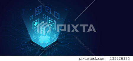 Digital medical technology microchip with glowing healthcare icons on circuit board background Digital medical technology microchip with glowing healthcare icons on circuit board background 139226325