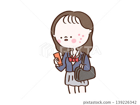一幅插圖,描繪了一位表情嚴肅的高中女生正在挑選洗面奶,她正為青春期相關的皮膚問題和痤瘡而苦惱。 一幅插圖,描繪了一位表情嚴肅的高中女生正在挑選洗面奶,她正為青春期相關的皮膚問題和痤瘡而苦惱。 139226342