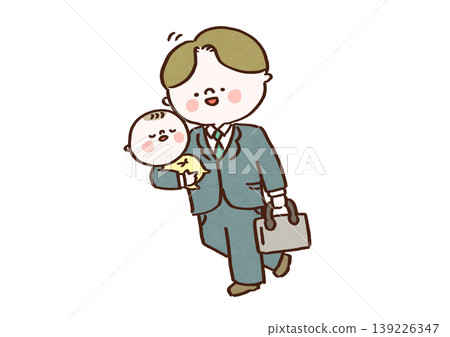 工作與生活平衡以及男性參與育兒:一位穿著西裝的男士面帶微笑,抱著嬰兒提前下班。 工作與生活平衡以及男性參與育兒:一位穿著西裝的男士面帶微笑,抱著嬰兒提前下班。 139226347