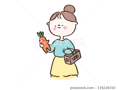 Food waste reduction and SDGs: An illustration of a woman smiling and choosing oddly shaped, non-standard carrots while holding a shopping basket. 139226350