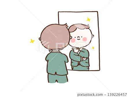 An illustration of a businessman looking at his reflection in a mirror and feeling full of confidence (increased self-esteem and motivation). An illustration of a businessman looking at his reflection in a mirror and feeling full of confidence (increased self-esteem and motivation). 139226457