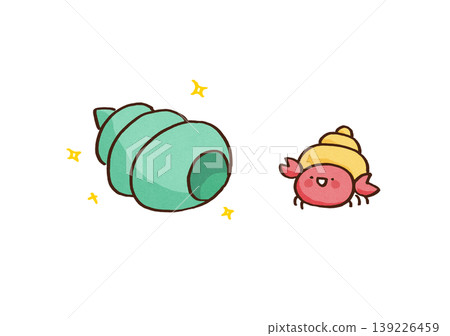 An illustration of a hermit crab rejoicing at finding a new, larger shell than itself (career advancement/office relocation) 139226459