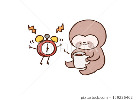 An illustration of a sloth leisurely sipping warm tea, oblivious to the ringing alarm clock (slow life). An illustration of a sloth leisurely sipping warm tea, oblivious to the ringing alarm clock (slow life). 139226462