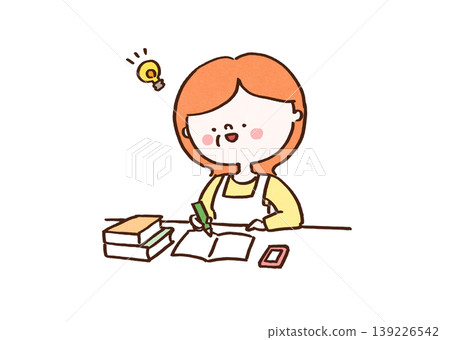 An illustration of a middle-aged woman who has a new idea while studying with her notebook open at her desk (reskilling/re-learning). An illustration of a middle-aged woman who has a new idea while studying with her notebook open at her desk (reskilling/re-learning). 139226542
