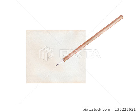 Hand-painted watercolor illustration wiht a sharp wooden pencil lying on a square piece of textured paper. Minimalist aesthetic with realistic textures, isolated on a white background. For bullet Hand-painted watercolor illustration wiht a sharp wooden pencil lying on a square piece of textured paper. Minimalist aesthetic with realistic textures, isolated on a white background. For bullet 139226621
